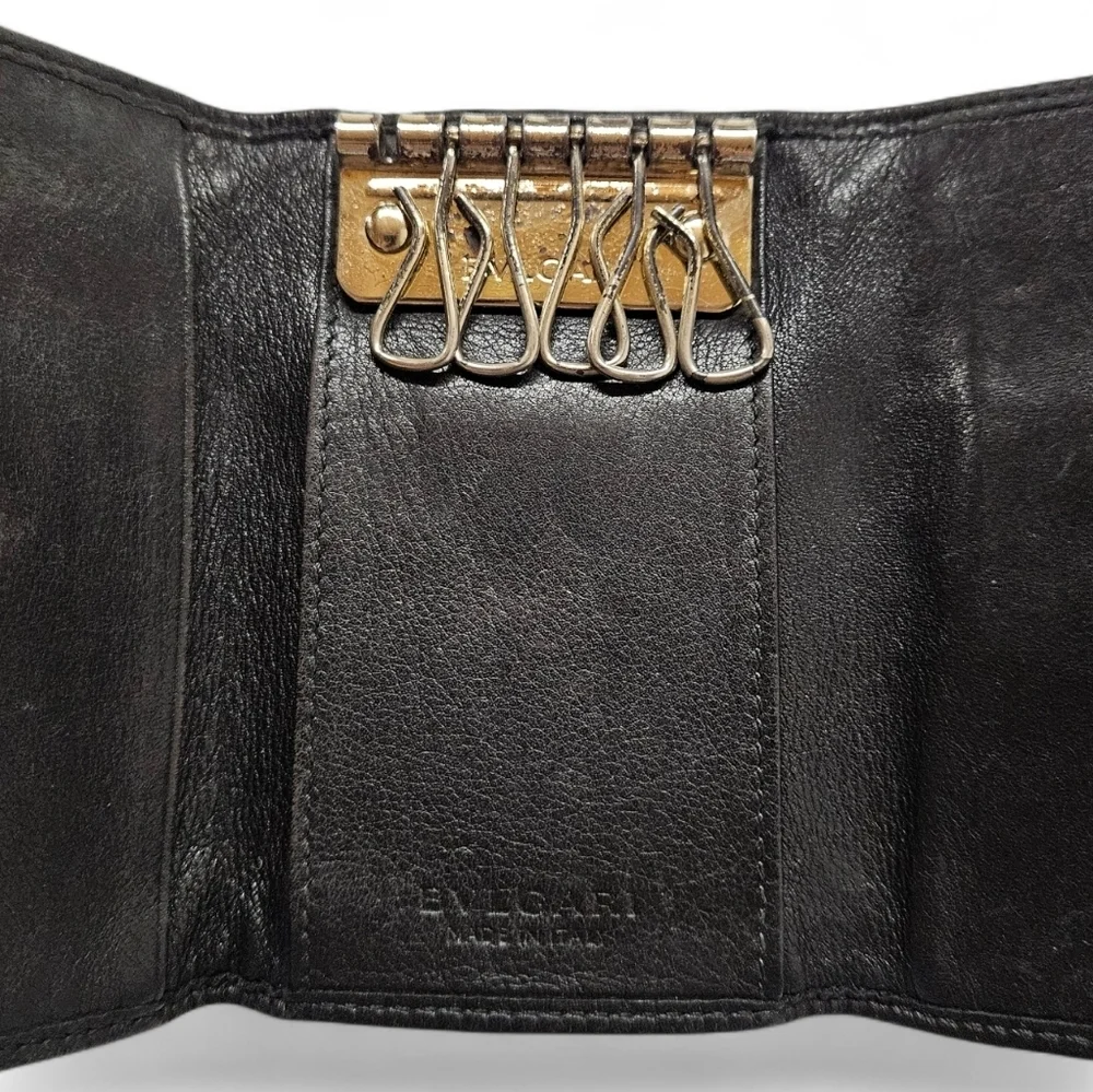 Bvlgari Colore Calf Leather Key Holder Wallet In Black And Gold